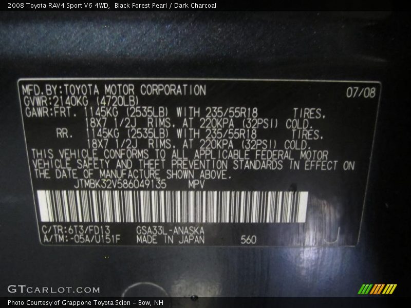 Black Forest Pearl / Dark Charcoal 2008 Toyota RAV4 Sport V6 4WD