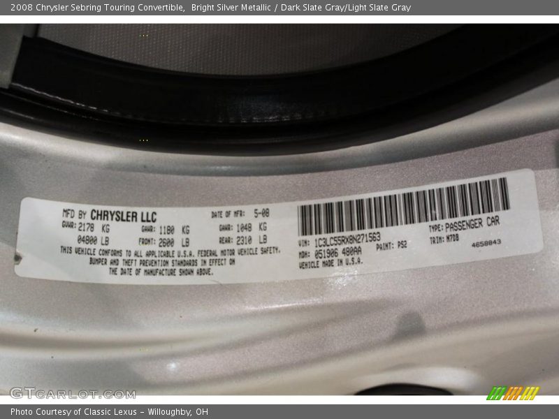 2008 Sebring Touring Convertible Bright Silver Metallic Color Code PS2
