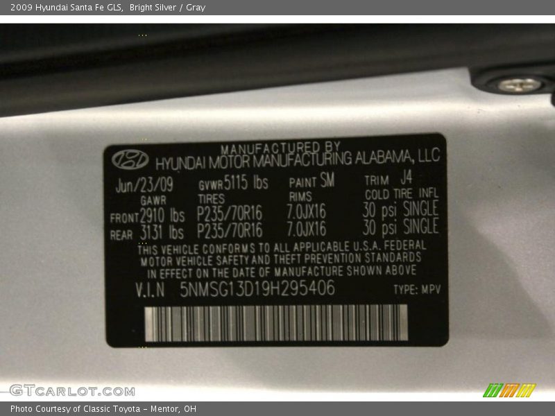 Bright Silver / Gray 2009 Hyundai Santa Fe GLS