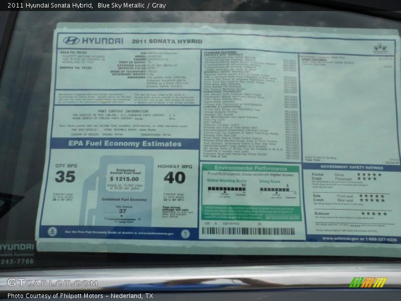  2011 Sonata Hybrid Window Sticker