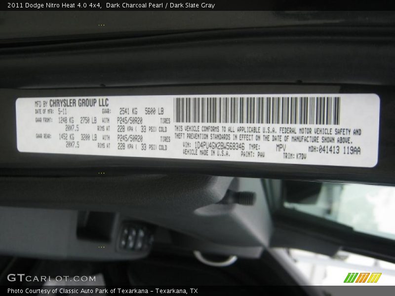 2011 Nitro Heat 4.0 4x4 Dark Charcoal Pearl Color Code PAV