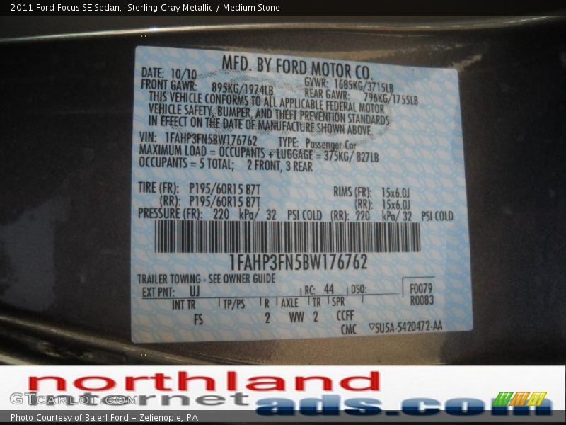 Sterling Gray Metallic / Medium Stone 2011 Ford Focus SE Sedan