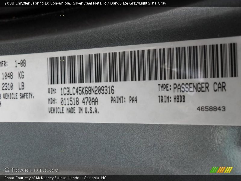Silver Steel Metallic / Dark Slate Gray/Light Slate Gray 2008 Chrysler Sebring LX Convertible