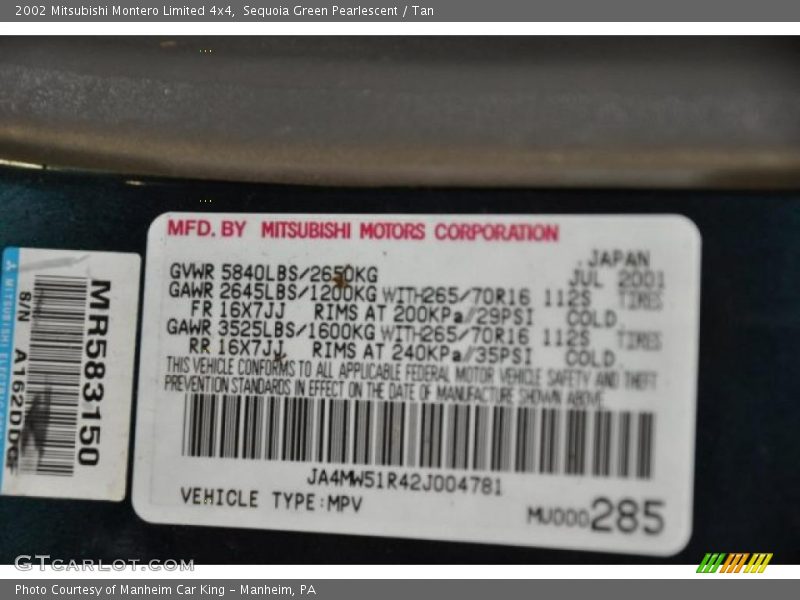 Sequoia Green Pearlescent / Tan 2002 Mitsubishi Montero Limited 4x4