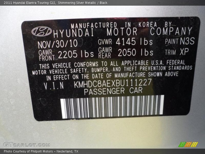 2011 Elantra Touring GLS Shimmering Silver Metallic Color Code N3S