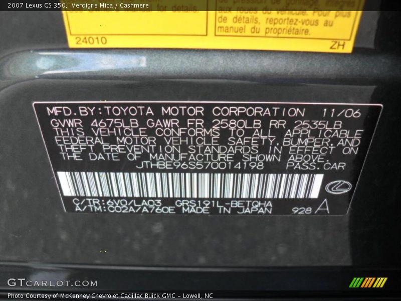 2007 GS 350 Verdigris Mica Color Code 6V0