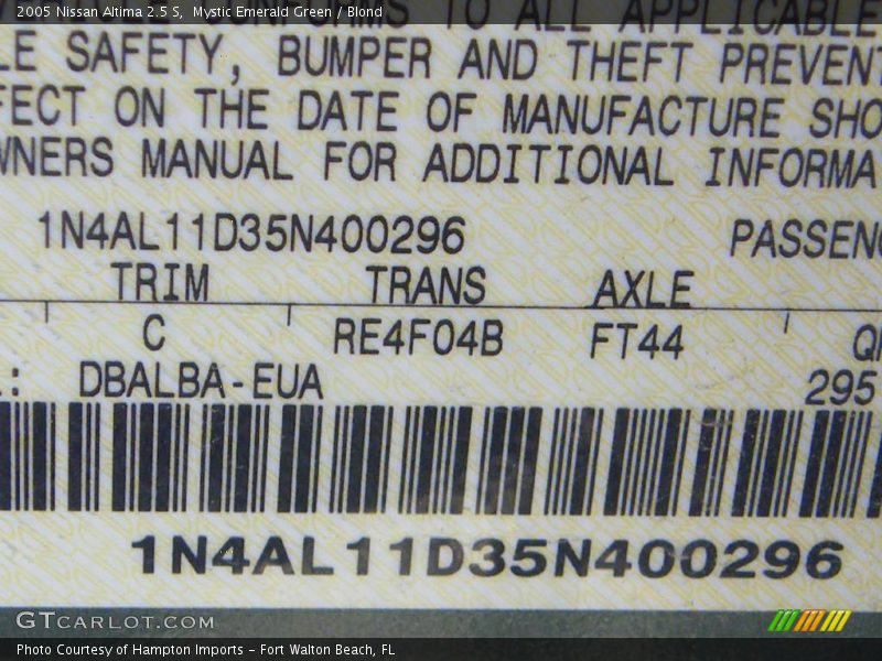 Mystic Emerald Green / Blond 2005 Nissan Altima 2.5 S