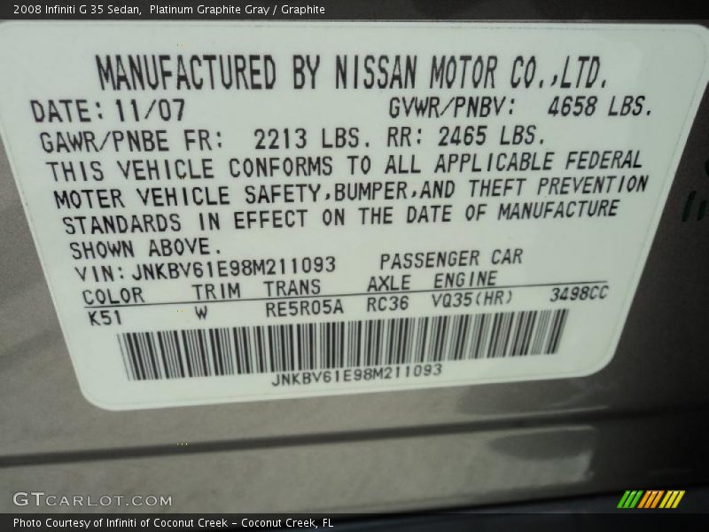 Platinum Graphite Gray / Graphite 2008 Infiniti G 35 Sedan