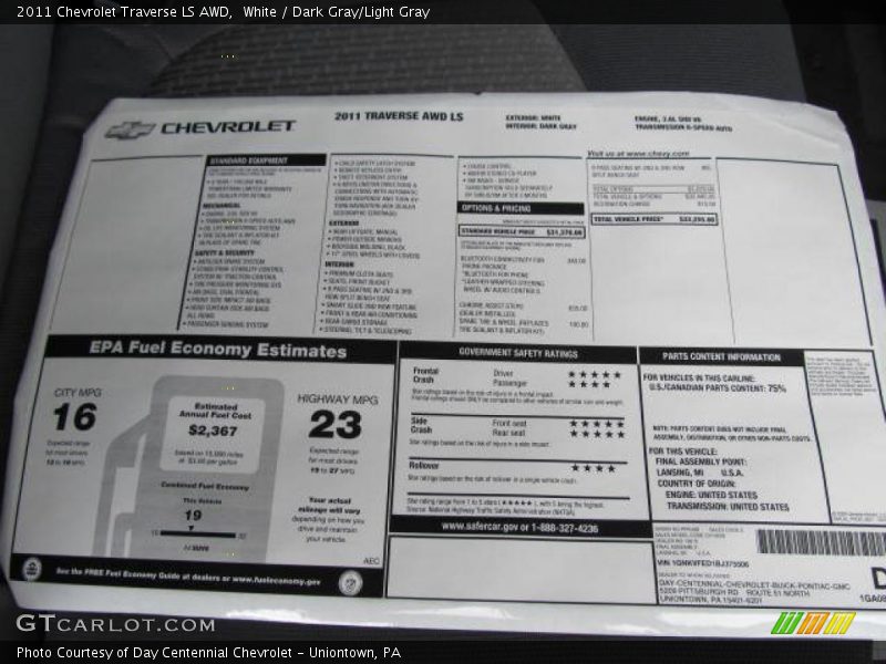 White / Dark Gray/Light Gray 2011 Chevrolet Traverse LS AWD