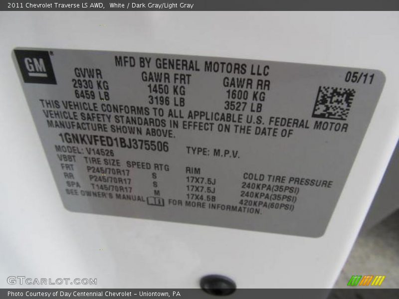 White / Dark Gray/Light Gray 2011 Chevrolet Traverse LS AWD