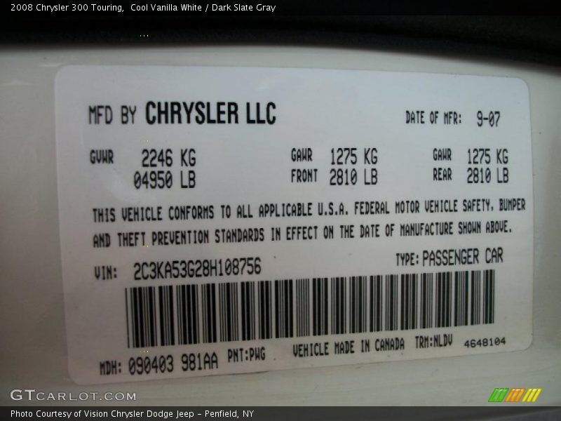 Cool Vanilla White / Dark Slate Gray 2008 Chrysler 300 Touring