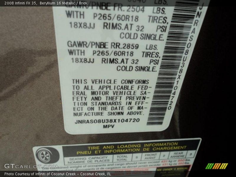 Beryllium 16 Metallic / Brick 2008 Infiniti FX 35