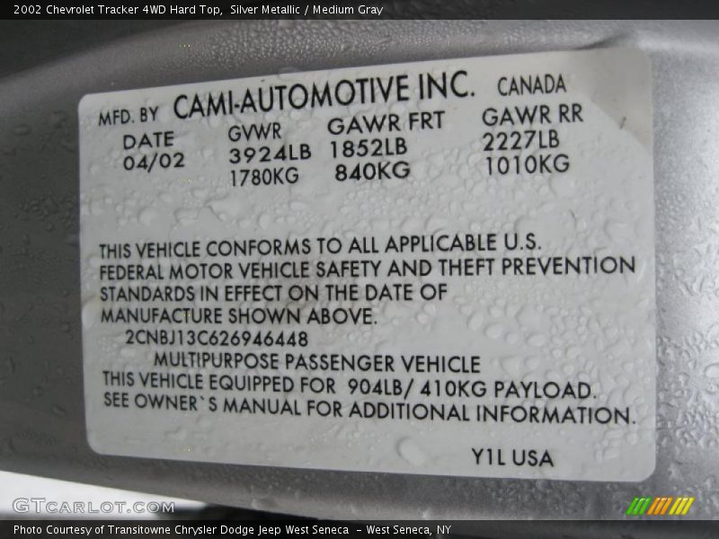 Silver Metallic / Medium Gray 2002 Chevrolet Tracker 4WD Hard Top