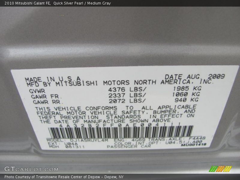 Quick Silver Pearl / Medium Gray 2010 Mitsubishi Galant FE