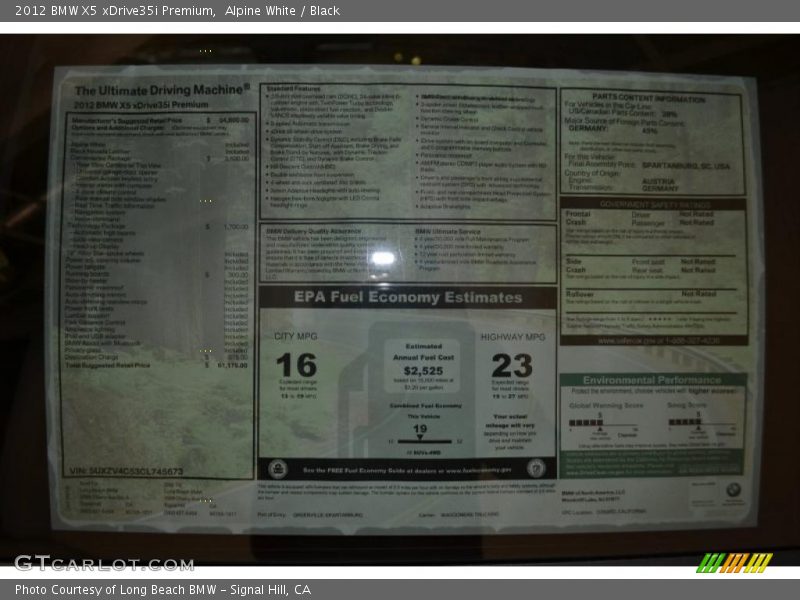  2012 X5 xDrive35i Premium Window Sticker