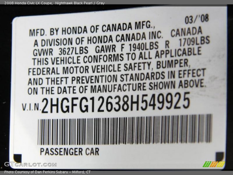 Nighthawk Black Pearl / Gray 2008 Honda Civic LX Coupe