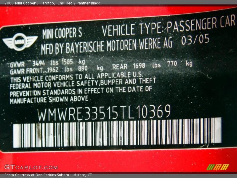 Chili Red / Panther Black 2005 Mini Cooper S Hardtop