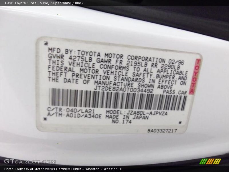 1996 Supra Coupe Super White Color Code 040