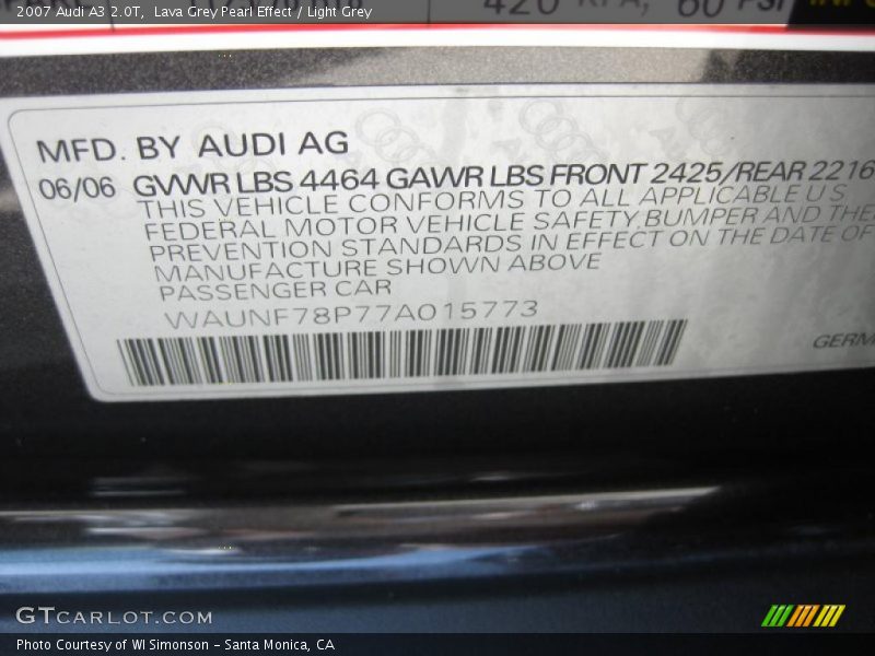 Lava Grey Pearl Effect / Light Grey 2007 Audi A3 2.0T