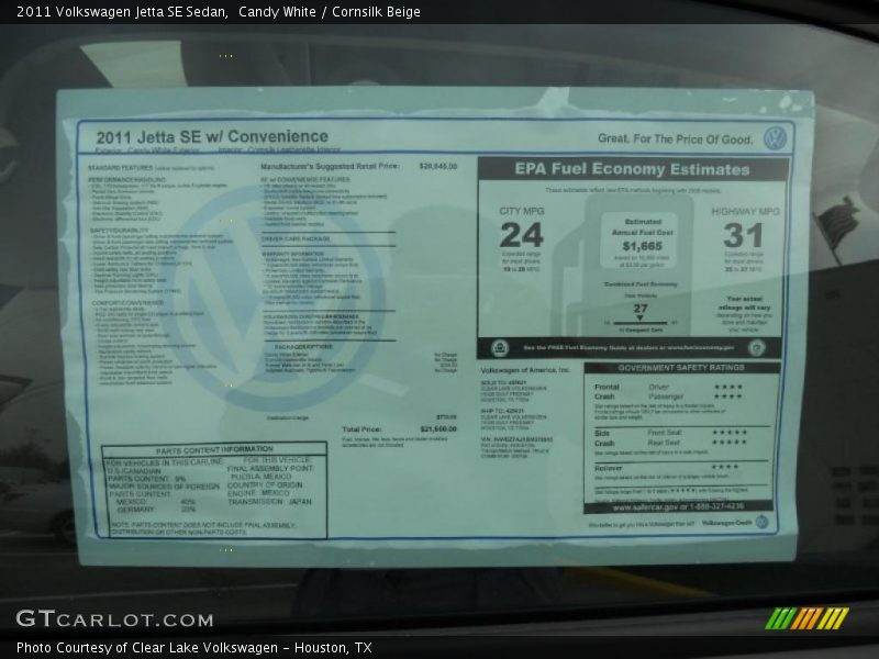 Candy White / Cornsilk Beige 2011 Volkswagen Jetta SE Sedan