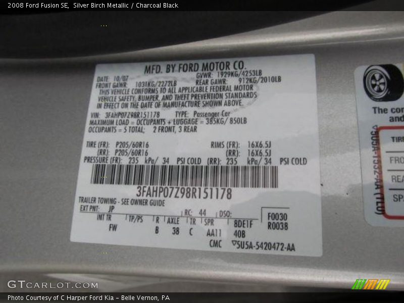Silver Birch Metallic / Charcoal Black 2008 Ford Fusion SE