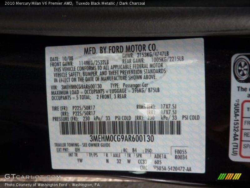 2010 Milan V6 Premier AWD Tuxedo Black Metallic Color Code UH