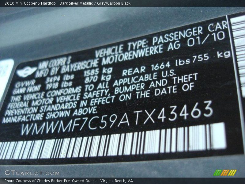 Dark Silver Metallic / Grey/Carbon Black 2010 Mini Cooper S Hardtop