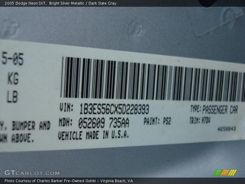 Bright Silver Metallic / Dark Slate Gray 2005 Dodge Neon SXT