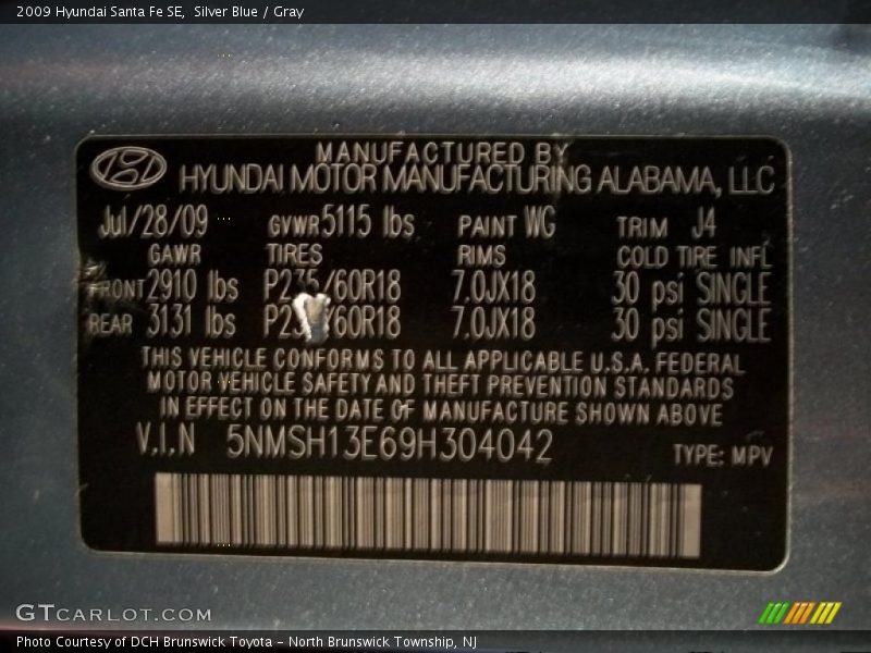 Silver Blue / Gray 2009 Hyundai Santa Fe SE