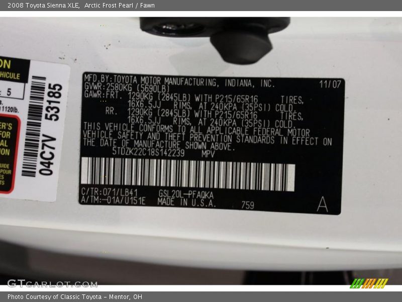 Arctic Frost Pearl / Fawn 2008 Toyota Sienna XLE