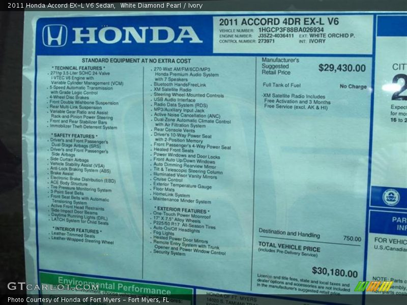 White Diamond Pearl / Ivory 2011 Honda Accord EX-L V6 Sedan