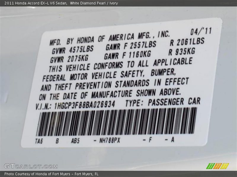 White Diamond Pearl / Ivory 2011 Honda Accord EX-L V6 Sedan