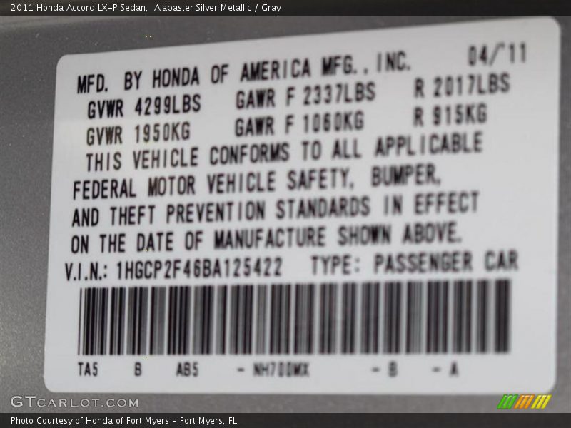 Alabaster Silver Metallic / Gray 2011 Honda Accord LX-P Sedan
