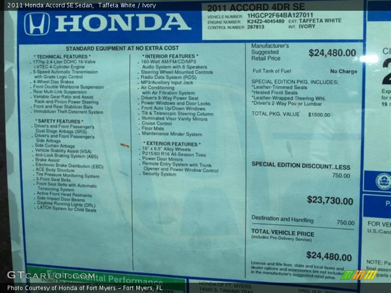  2011 Accord SE Sedan Window Sticker