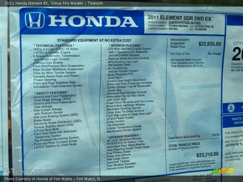  2011 Element EX Window Sticker