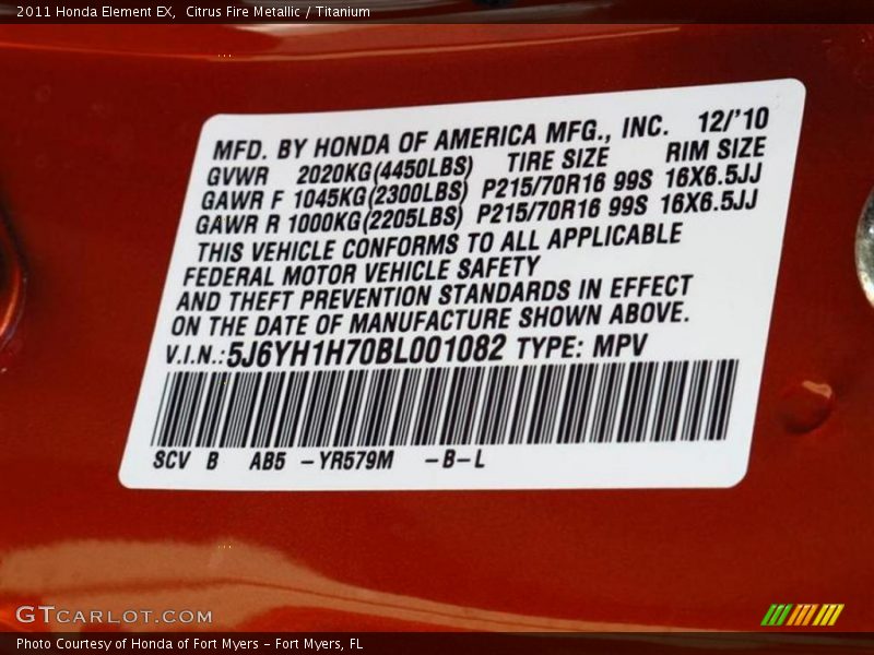 2011 Element EX Citrus Fire Metallic Color Code YR579M