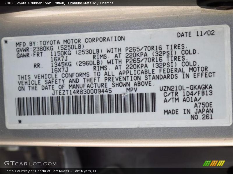 Titanium Metallic / Charcoal 2003 Toyota 4Runner Sport Edition