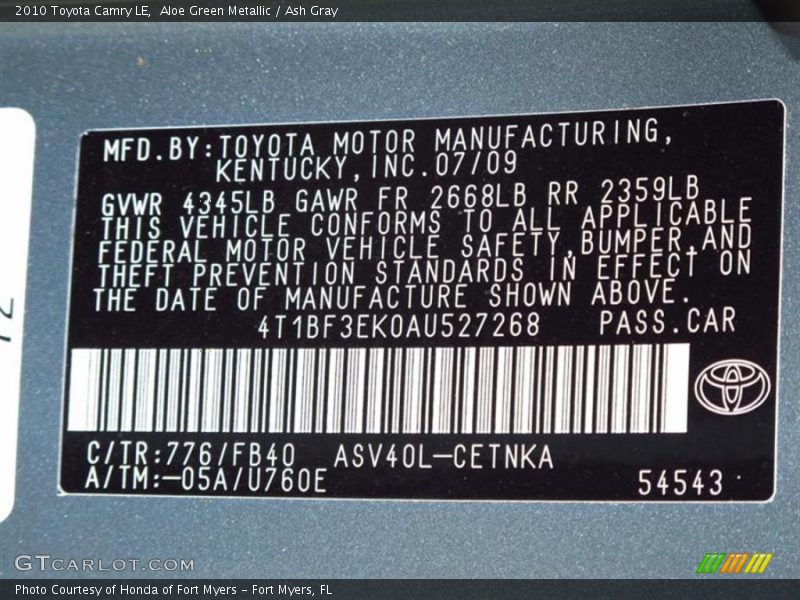 Aloe Green Metallic / Ash Gray 2010 Toyota Camry LE