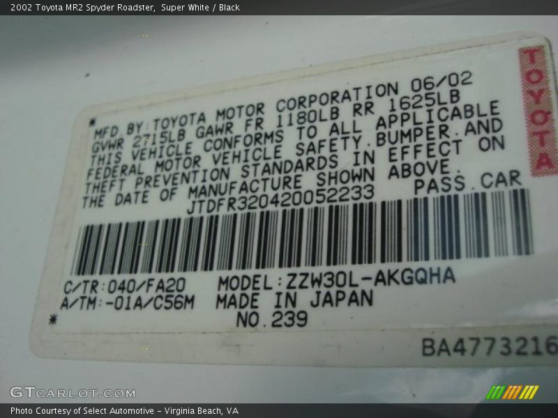 2002 MR2 Spyder Roadster Super White Color Code 040