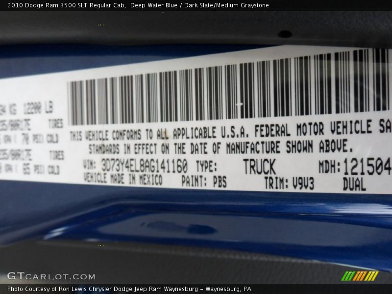 2010 Ram 3500 SLT Regular Cab Deep Water Blue Color Code PBS