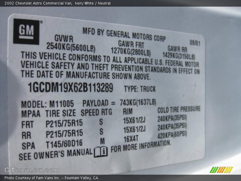 Ivory White / Neutral 2002 Chevrolet Astro Commercial Van