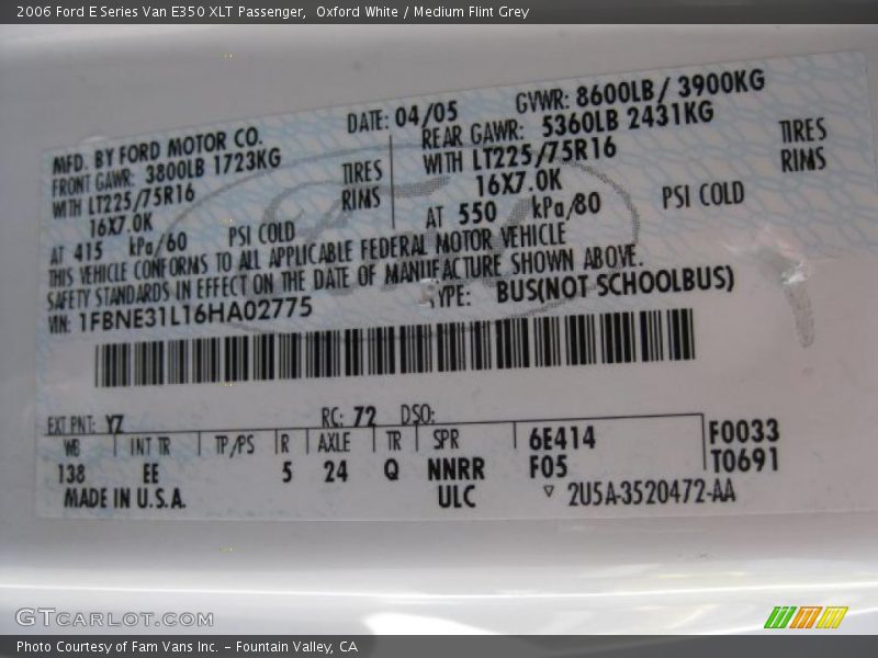 2006 E Series Van E350 XLT Passenger Oxford White Color Code YZ