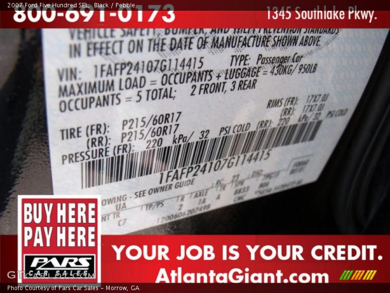 Black / Pebble 2007 Ford Five Hundred SEL