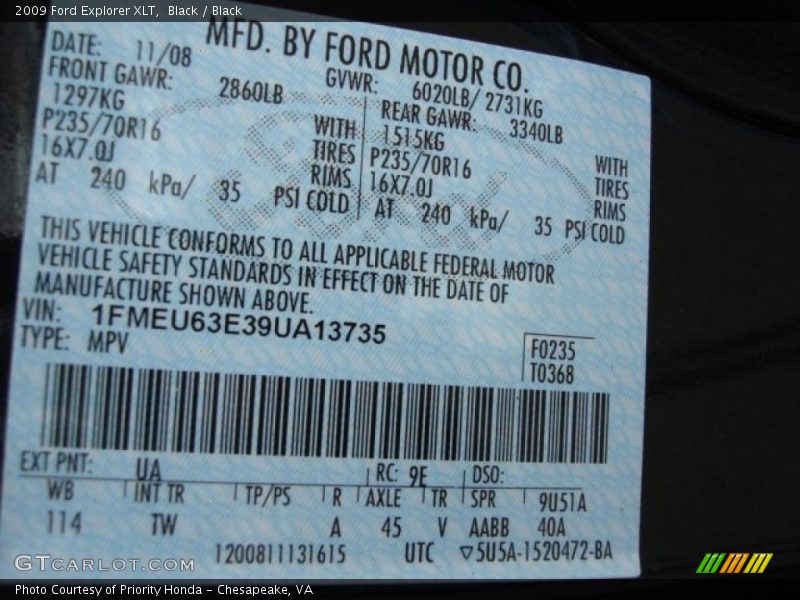 Black / Black 2009 Ford Explorer XLT
