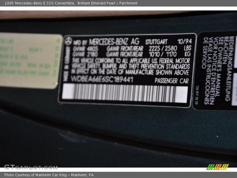 Info Tag of 1995 E 320 Convertible