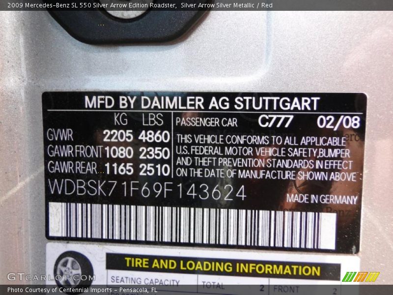 2009 SL 550 Silver Arrow Edition Roadster Silver Arrow Silver Metallic Color Code 777