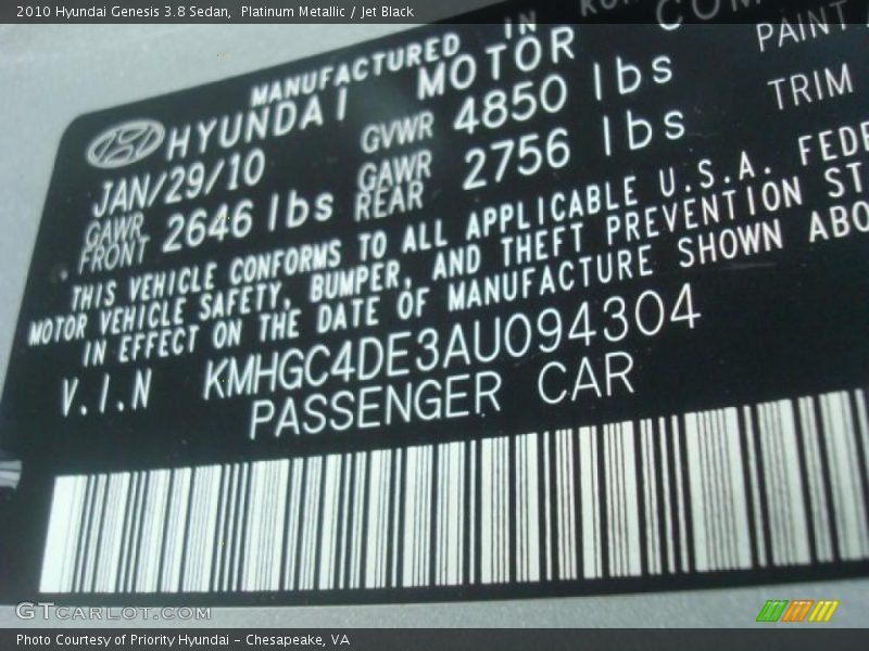 Platinum Metallic / Jet Black 2010 Hyundai Genesis 3.8 Sedan