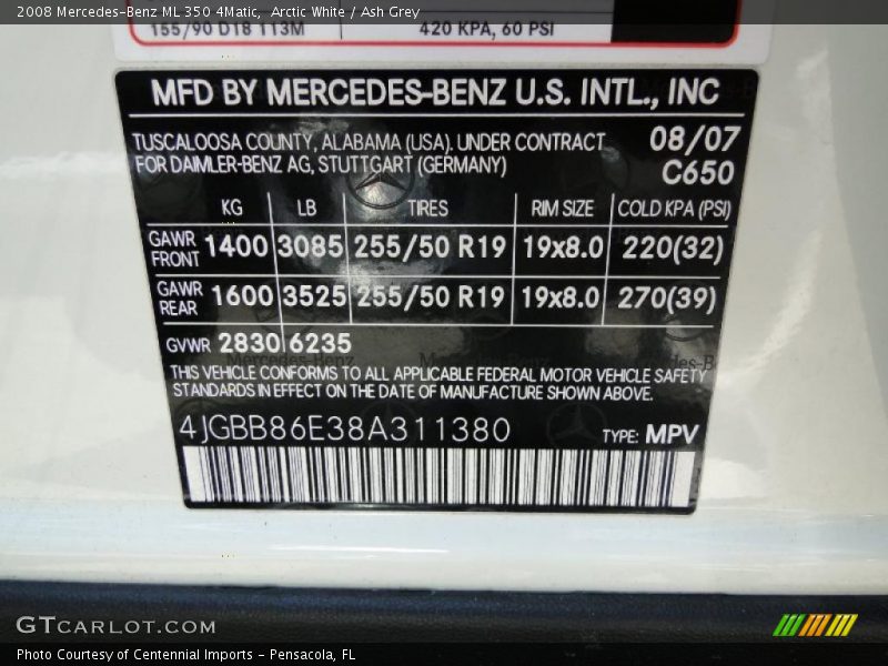 Arctic White / Ash Grey 2008 Mercedes-Benz ML 350 4Matic