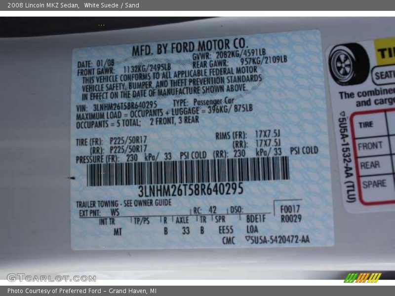 White Suede / Sand 2008 Lincoln MKZ Sedan