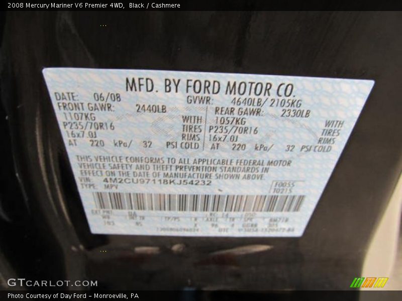 Black / Cashmere 2008 Mercury Mariner V6 Premier 4WD